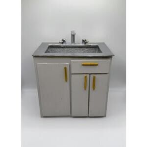 Handmade 1:6 Scale Dollhouse Kitchen Sink Cabinet Gray with Gold Pulls